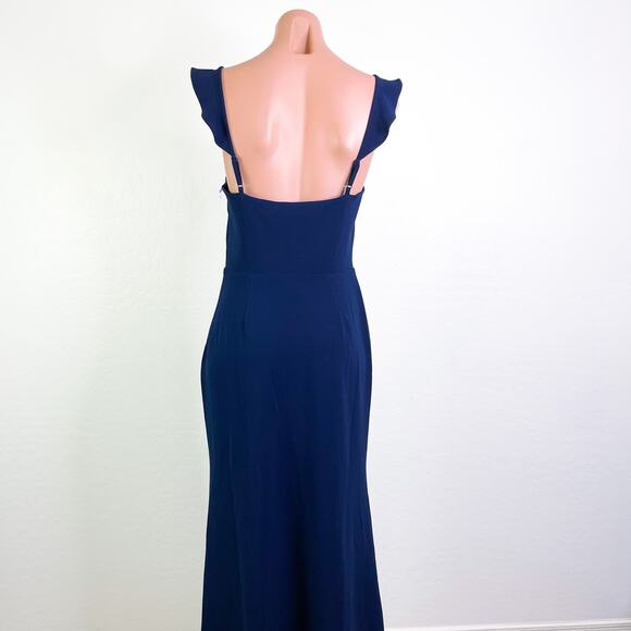WAYF The Mina Ruffle Strap Sleeveless V-Neck Side Slit Gown Blue size S NWOT - Picture 7 of 11